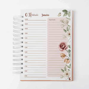 Agenda Bicho Papel Floral Romântico 2026 – Datado - 1 dia por página com horas