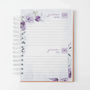 Agenda Bicho Papel Floral Violeta 2026 – Datado - 2 dias por página